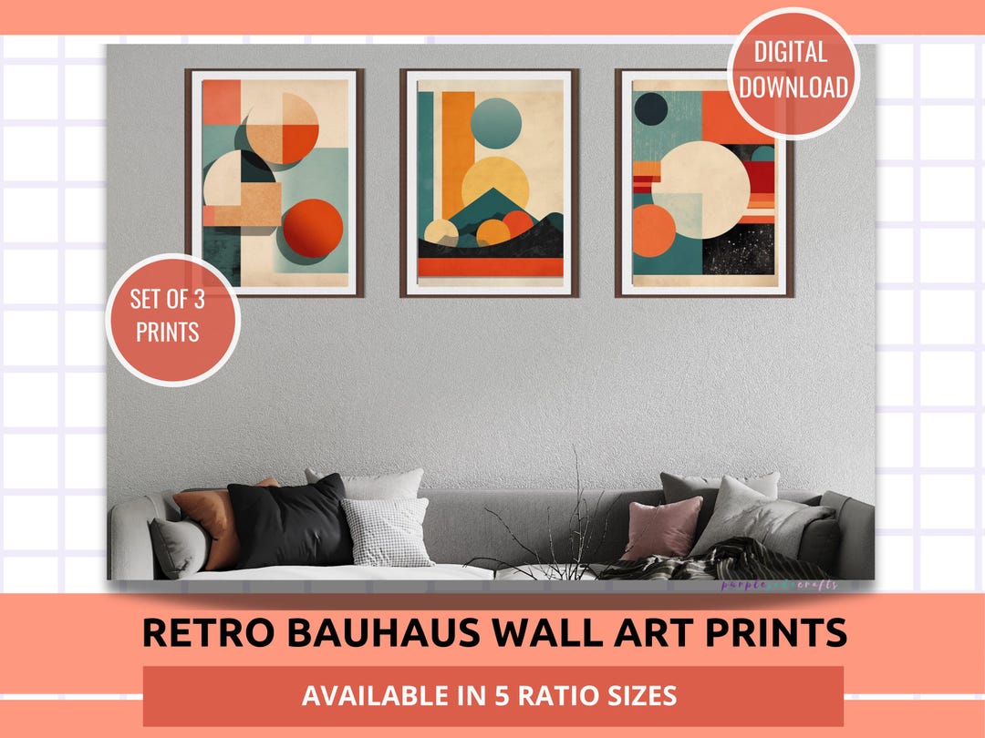 Wall Art Prints Retro Bauhaus Mid-century Modern Wall Art Set Orange ...