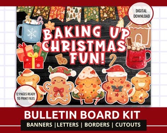 Może przedstawiać: Cyfrowy zestaw tablicy ogłoszeń o tematyce bożonarodzeniowej. Obraz zawiera tekst "BAKING UP CHRISTMAS FUN!" i zawiera ilustracje ludzików z piernika, kubków gorącej czekolady i pudełek z prezentami. Zestaw zawiera banery, litery, obramowania i wycinki.