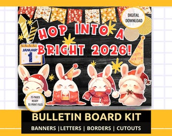 Kit de babillard du nouvel an, sautez dans un kit de babillard lumineux 2026, déco de salle de classe lapin du nouvel an, conception de babillard de janvier