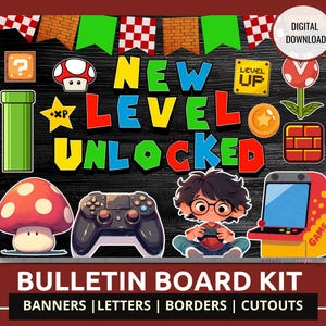 May include: A digital bulletin board kit with a video game theme. The design includes the words "New Level Unlocked" in colourful letters, along with game-related graphics like a controller, mushrooms, and a character.