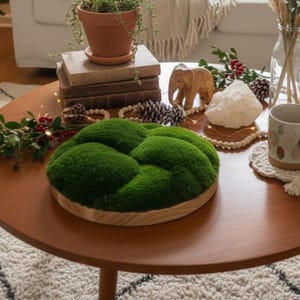 Cuenco de musgo verde y madera de fresno – Centro de mesa artesanal de musgo preservado, decoración botánica natural para el hogar