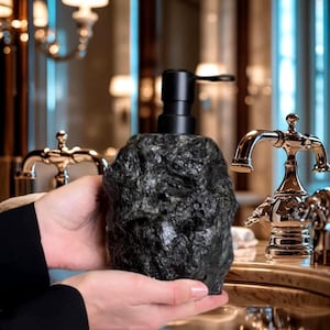 Peut inclure: Un distributeur de savon noir avec un aspect texturé semblable à de la roche. Le distributeur a une pompe noire et est présenté devant un évier de salle de bain avec des robinets dorés. Il est conçu pour ajouter une touche de luxe.