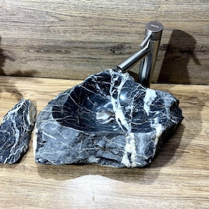 Lavabo de baño de mármol negro hecho a mano: Lavabo de piedra de lujo