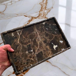 Brown Marble Vanity Tray: Natural Stone Desk Organizer