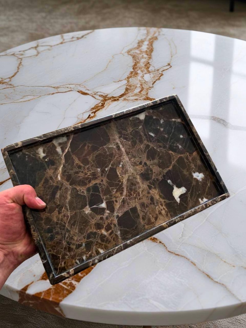 Brown Marble Vanity Tray: Natural Stone Desk Organizer image 3