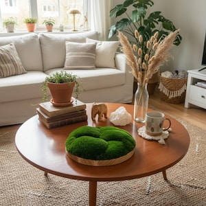Puede incluir: Una mesa de centro redonda de madera oscura con un centro de mesa de musgo verde, una taza y objetos decorativos. Un sofá blanco con cojines está en el fondo. La habitación está decorada con plantas y elementos naturales.