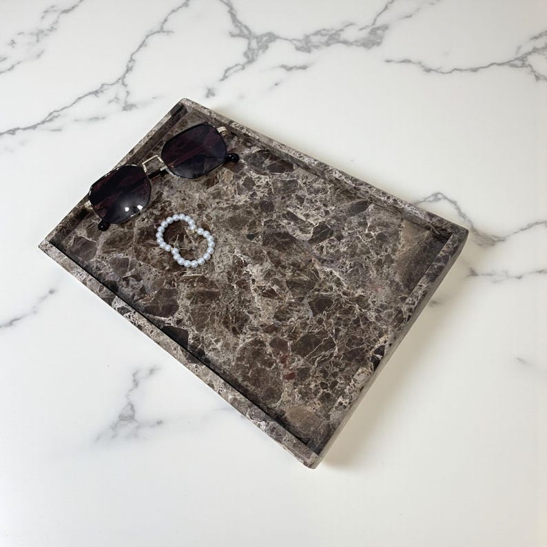 Brown Marble Vanity Tray: Natural Stone Desk Organizer image 5
