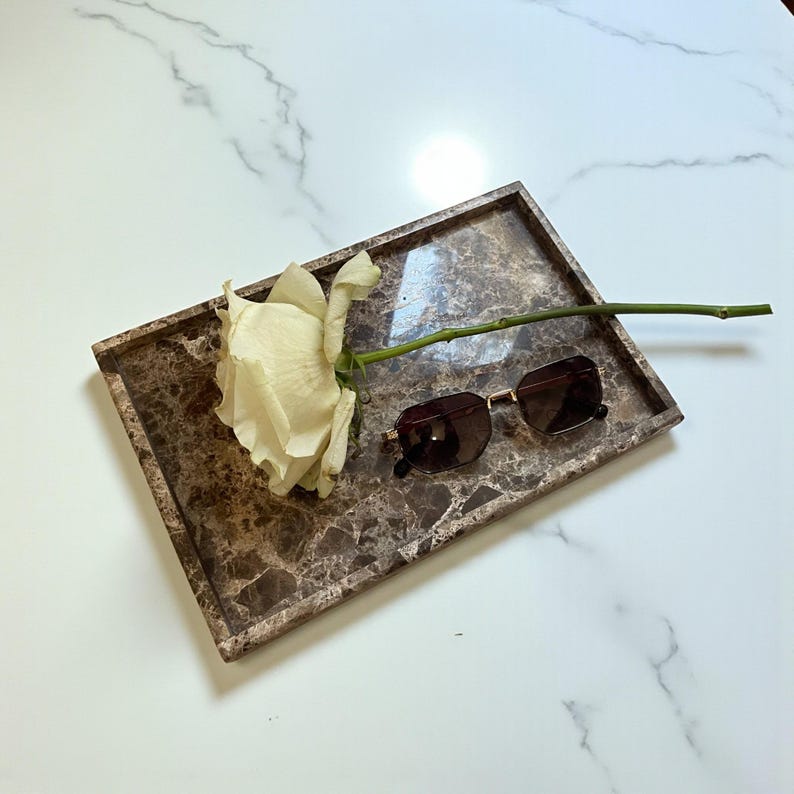 Brown Marble Vanity Tray: Natural Stone Desk Organizer image 4