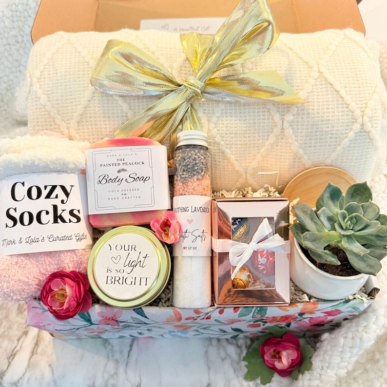 Hug In A Box, Encouragement Gift, Mom Gift Set, Hygge Gift Box, Thinking Of You Box, Cozy Care Package, Self Care Basket, Blanket Gift Box Sending a Hug Gift Box Birthday Gift Basket for Her Women Self Care Gift Box Cozy Care Package Thank You Gift
