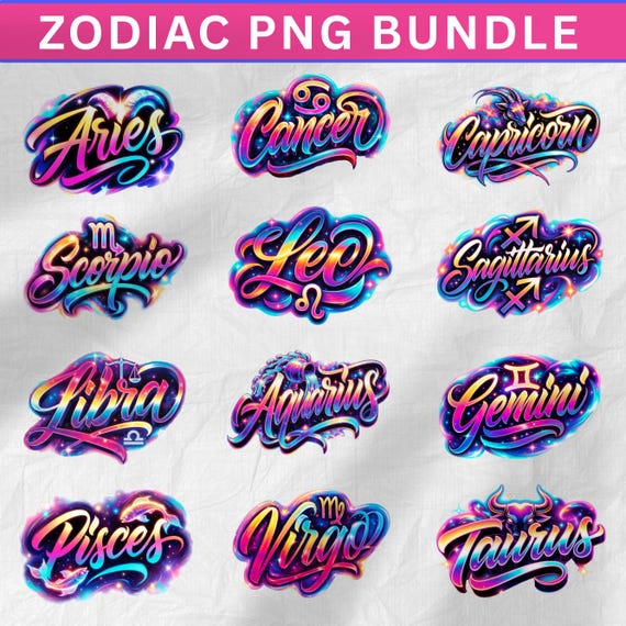 12 Zodiac PNG Bundle, Horoscope Designs for Sublimation, Printable Astrology Signs PNG Bundle, Airbrushed Zodiac Art for Shirts and Crafts