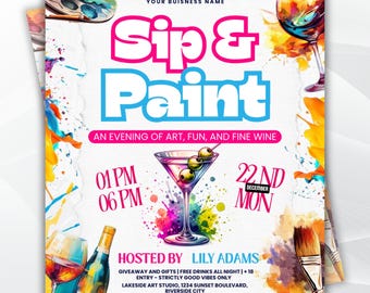 Sip And Paint Flyer, Paint Party Flyer, DIY Flyer Template Design, Premade Business Event Flyer, Sip and Shop Flyer, Canva Template,Editable