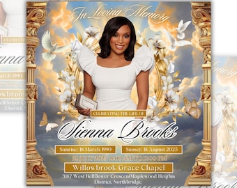 Volante conmemorativo, volante de anuncio de funeral conmemorativo, funeral conmemorativo, plantilla de volante de invitación a funeral, volante "Descanse en paz", editable en Canva