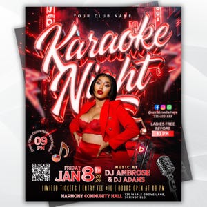 Puede incluir: Un folleto rojo y negro de Karaoke Night con una mujer vestida de rojo. El folleto incluye el texto "Karaoke Night", detalles del evento y perfiles de redes sociales. El evento es el 8 de enero en Harmony Community Hall.