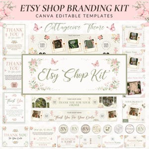 Cottagecore Etsyショップバナーキット、新規セラー向け編集可能なEtsyショップブランディングキット、ミニマリストEtsyショップバナーアイコンリストCanvaテンプレート