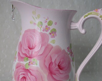 Pink Roses Water Pitcher Shabby Hand Painted Silver plate Cottage Chic