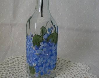 Small Oil Bottle Dispenser Hand Painted Blue Hydrangeas Kitchen 11 oz. mother's day gift