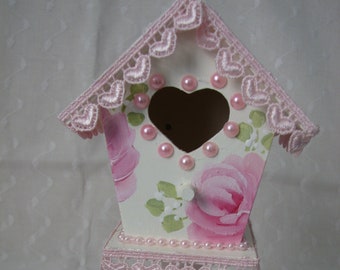 Small Pedestal Birdhouse Hand Painted Pink Roses Pearls Heart Lace Warm white Cottage Chic Home Decor