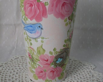 Hand Painted Pink Roses Bluebird Nest French Bucket Vase Cottage Chic Home Decor