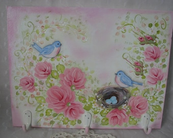 Wood Plaque Board with hooks Hand Painted Pink Roses, Bluebirds Nest Cottage chic jewelry, keys organizer mother's day gift