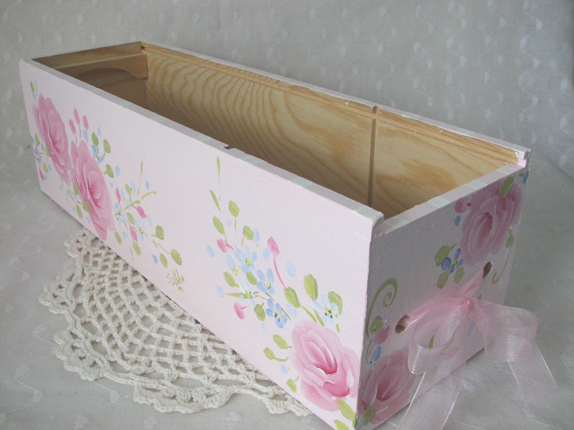 Wood Tote Hand Painted Pink Roses Cottage Chic Home Decor Storage Box ...