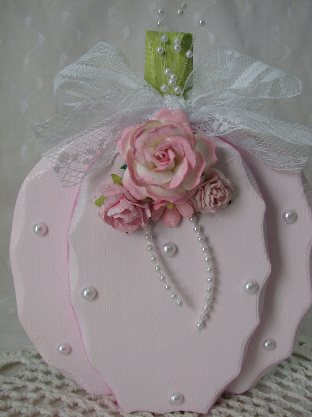 Pink Pumpkin Free Standing Wood Sign Pink Roses Lace Pearls Autumn ...