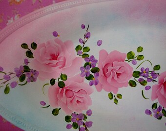 Pink Roses Silver plate Tray Aqua Home Shabby Cottage Chic decor