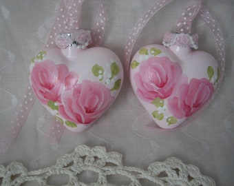 Glass Heart Pink Ornaments Hand Painted Roses Pearls Set of 2