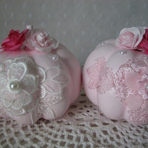 Pumpkins Pink Roses Lace Pearls Hand Painted Fall Autumn Decor Cottage Chic
