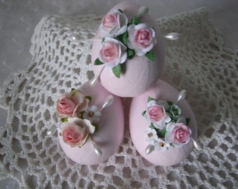 Hand Painted Paper Mache Easter Eggs Pink Roses Pearls Cottage Chic Basket Decor Spring