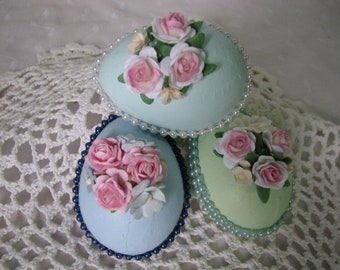 Hand Painted Paper Mache Easter Eggs Pink Roses Aqua Blue Green Pearls Cottage Chic Basket Decor Spring