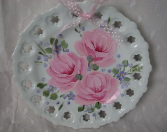 Trinket Dish Hand Painted Pink Roses Ceramic wall Home decor