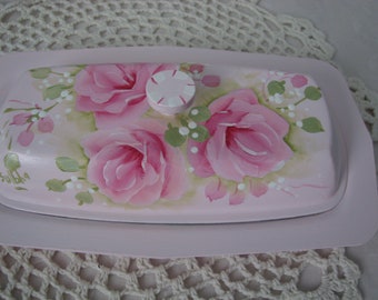 Butter Dish Pink Roses Cottage Chic Hand Painted Silver plate Home Decor