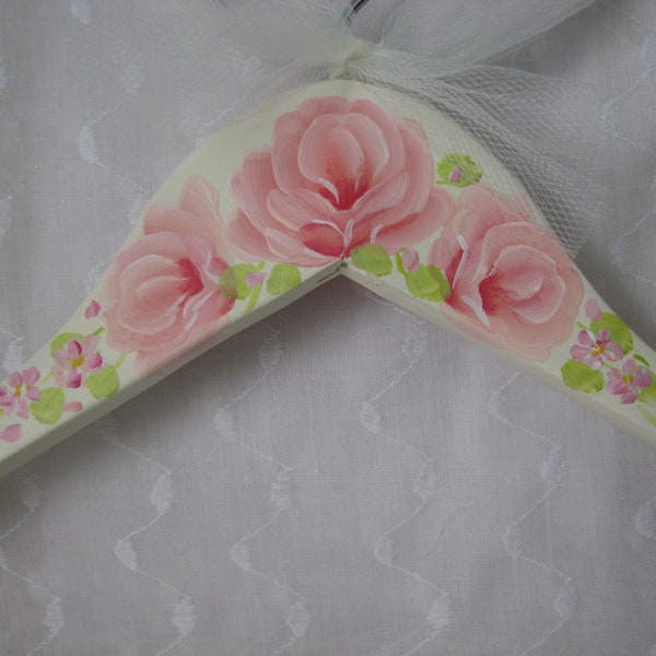 Clothes Hanger Ivory Hand Painted Peach Pink Roses Adult Size Dress Wedding Hanger