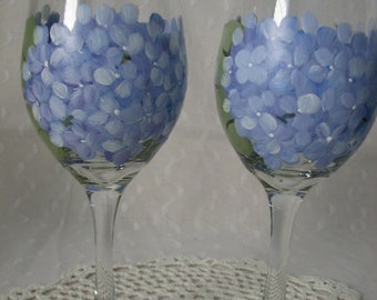 Blue Hydrangeas Wine Glasses Hand Painted Cottage Chic Set of 2 mother's day gift