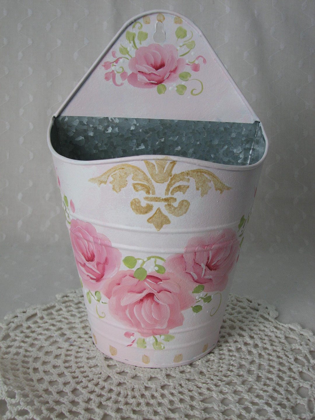 Pink Roses Wall Pocket Holder Free Standing Hand Painted Cottage Chic ...