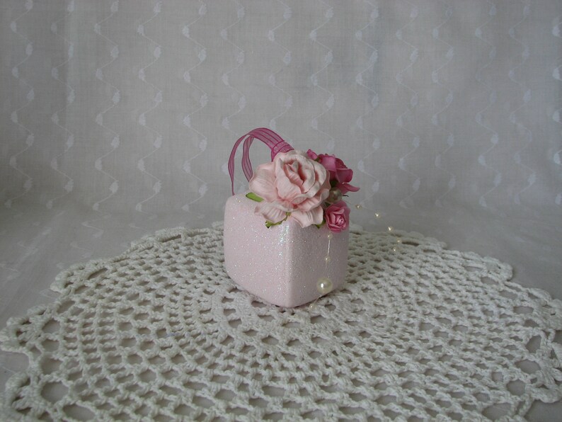 Cube Glass Gift Box Ornament Hand Painted Pink Roses Glitter Pearls