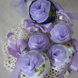 Purple Roses Hand Painted Glass Ball Ornaments  Lilac Lavender set of 2