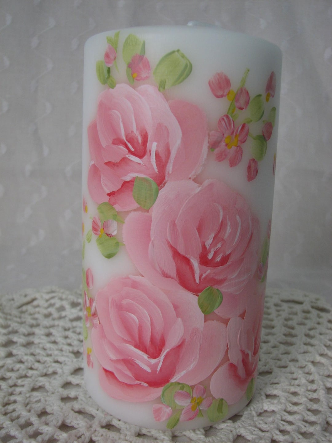 White Pillar Candle Hand Painted Peach Pink Roses Unscented - Etsy