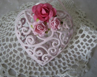 Hand Painted Scroll Heart Pink Ornament Pink Roses glitter Valentines