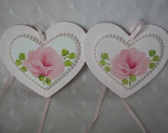 Wood Heart Pink Ornaments Hand Painted Pink Rose Pearls Valentines set of 2