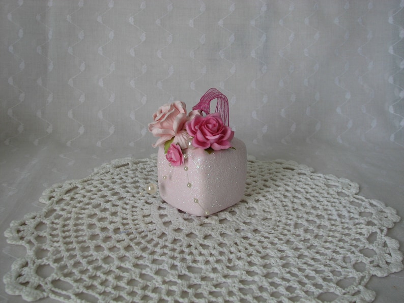 Cube Glass Gift Box Ornament Hand Painted Pink Roses Glitter Pearls
