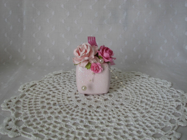 Cube Glass Gift Box Ornament Hand Painted Pink Roses Glitter Pearls