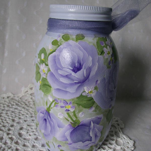 Reserved for Kaylea - Glass Mason Jar with lid Hand Painted Purple Lavender Lilac Roses storage