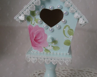 Small Pedestal Aqua Blue Birdhouse Hand Painted Pink Roses Pearls Heart Lace Cottage Chic Home Decor