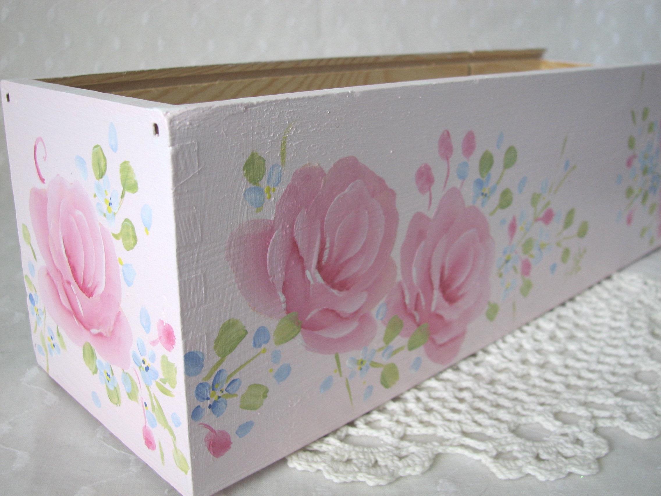Wood Tote Hand Painted Pink Roses Cottage Chic Home Decor Storage Box ...