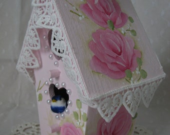 Pink Birdhouse Hand Painted Roses Heart Lace pearls Bluebird Cottage Chic Home Decor