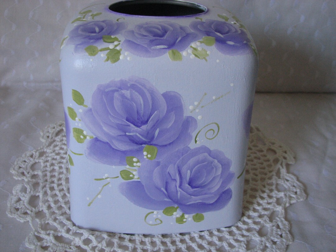 Purple Roses Lilac Tissue Box Metal Cover Holder Hand Painted Etsy