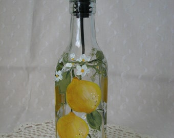 Small Oil Bottle Dispenser Hand Painted Lemons Kitchen 11 oz.