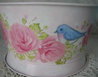 Large Metal Tub container Pail Hand Painted Pink Roses Bluebirds Cottage Chic Home Storage Decor