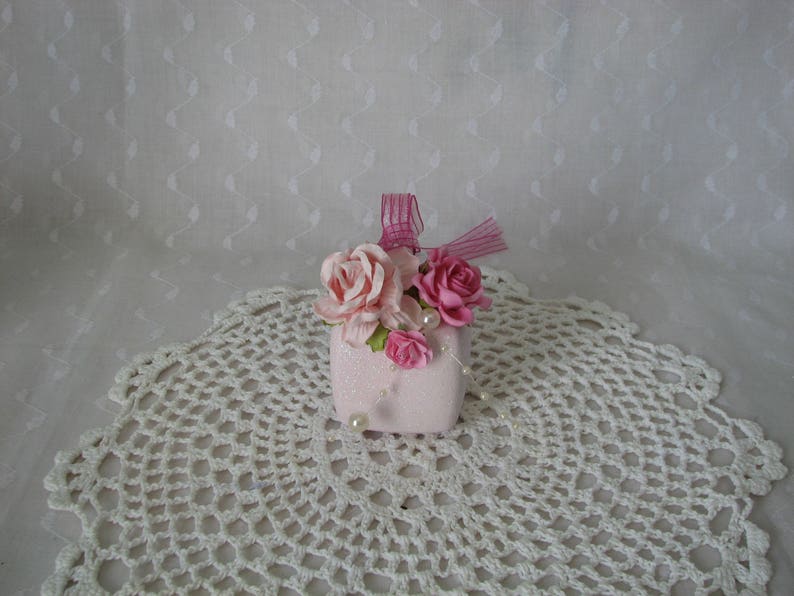 Cube Glass Gift Box Ornament Hand Painted Pink Roses Glitter Pearls